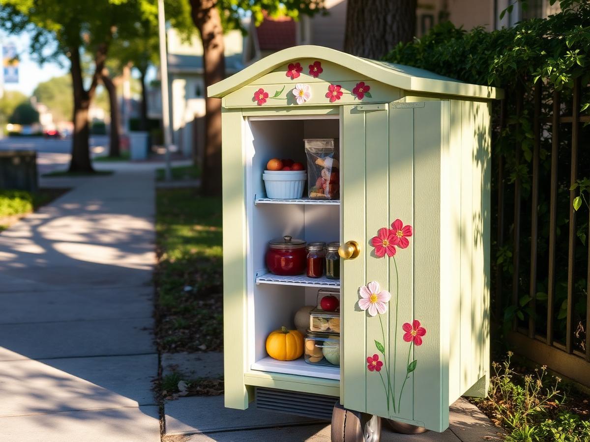 A community refrigerator painted sage green, decorated with hand-painted flowers