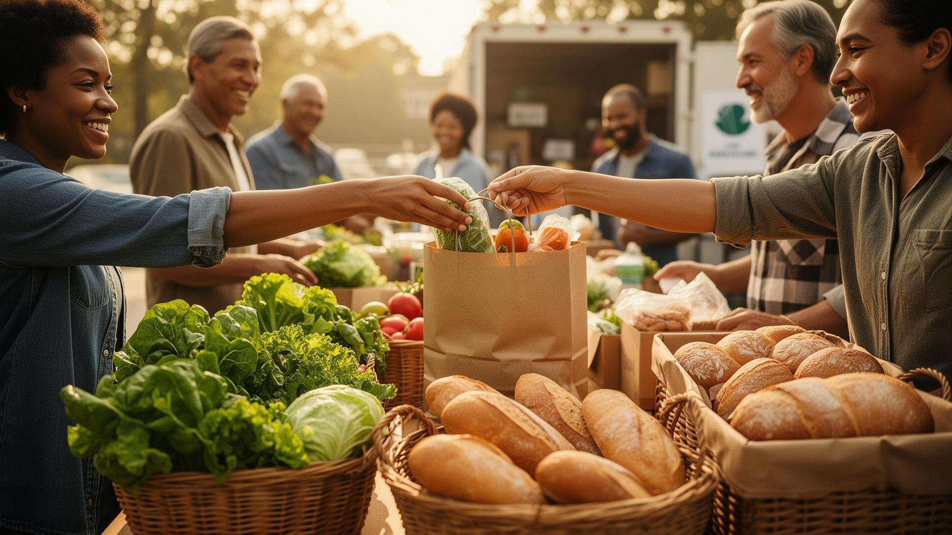 Community members sharing fresh produce and bread at a neighborhood food pantry