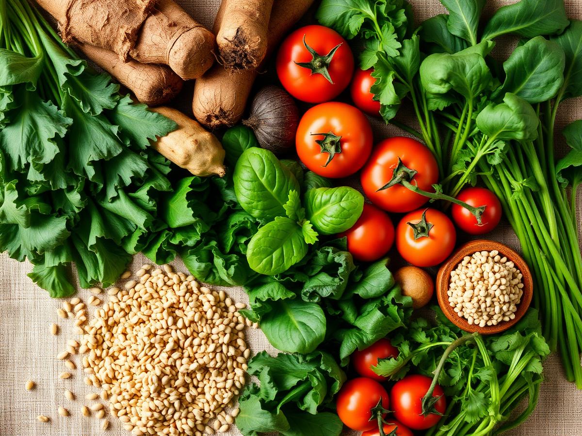 Fresh leafy greens, tomatoes, root vegetables, and grains on a linen surface